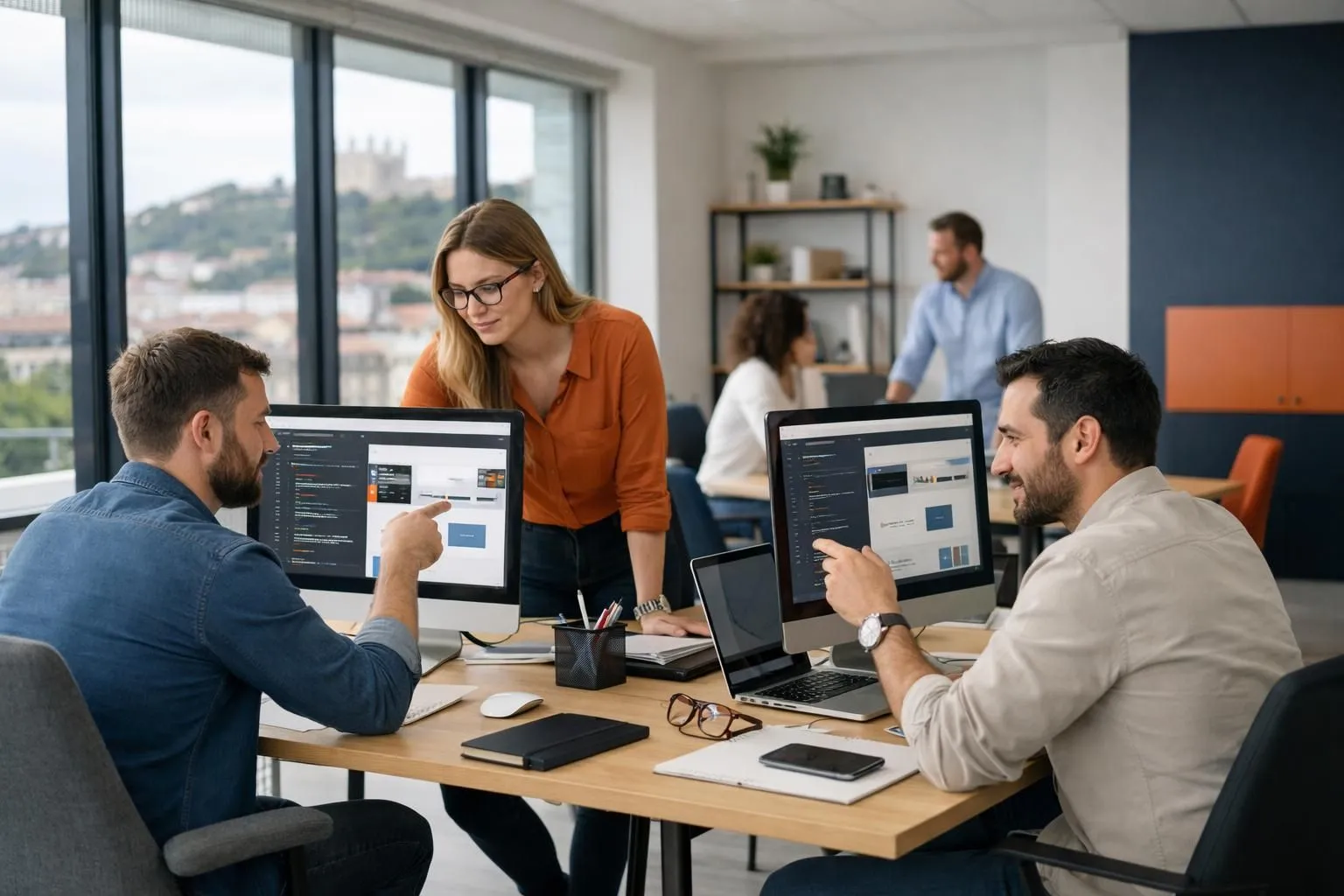 Modern Lyon-based team working on WordPress website development in contemporary office with multiple screens showing code and design interfaces, natural daylight, professional atmosphere capturing digital agency workflow