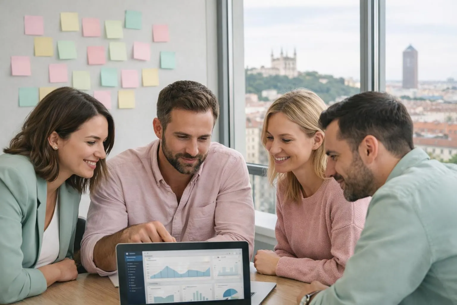 Modern office workspace in Lyon showing team collaboration around laptop displaying WordPress dashboard with analytics graphs, sticky notes on wall showing strategy planning, natural daylight through large windows with Lyon cityscape visible
