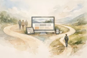 Avantages agence WordPress vs freelance: deux chemins mènent au succès web en illustration aquarelle.