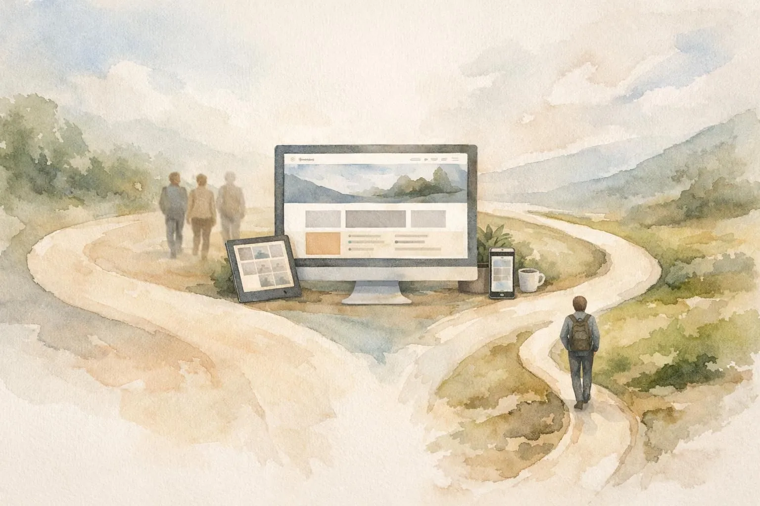 Avantages agence WordPress vs freelance: deux chemins mènent au succès web en illustration aquarelle.