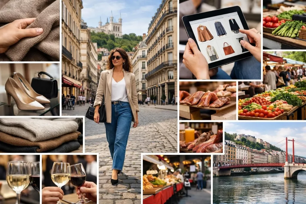 Agence WordPress Lyon e-commerce mode: collage dynamique de shopping en ligne, style fashion et scènes urbaines lyonnaises.