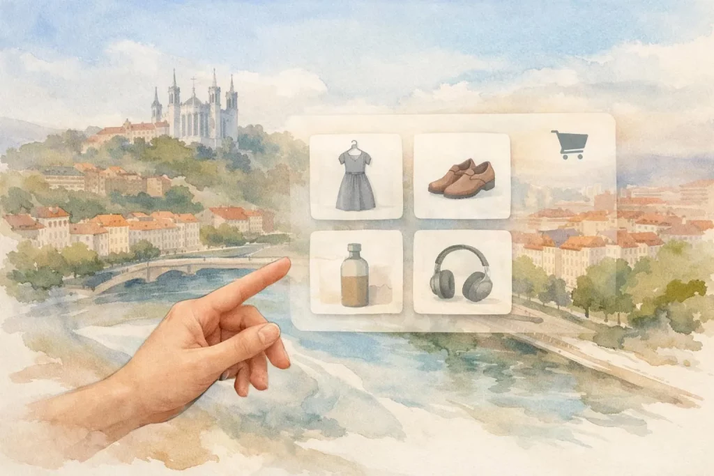 Illustration aquarelle d'un site e-commerce WordPress à Lyon, fusionnant paysage local et interface de vente en ligne experte