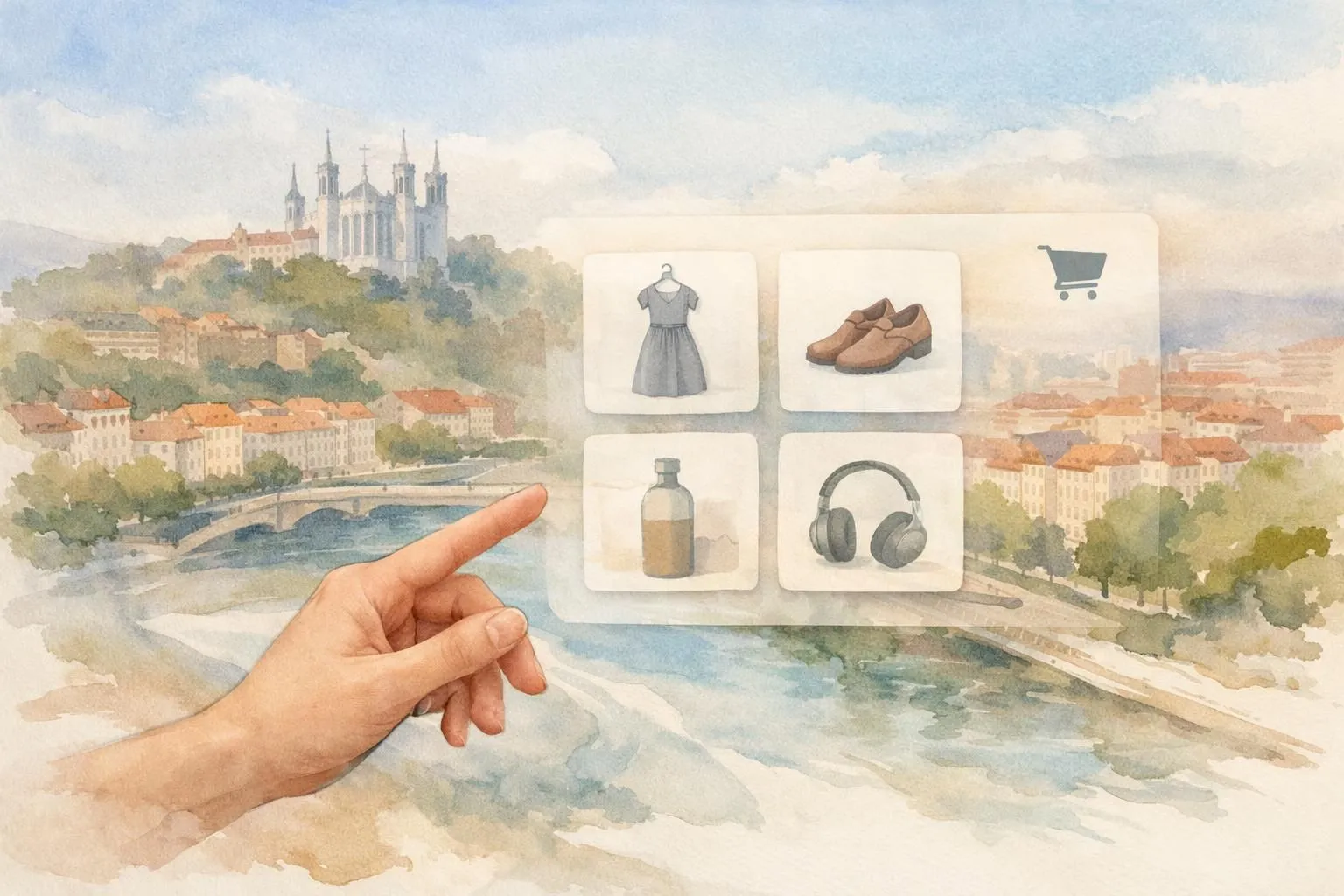 Illustration aquarelle d'un site e-commerce WordPress à Lyon, fusionnant paysage local et interface de vente en ligne experte