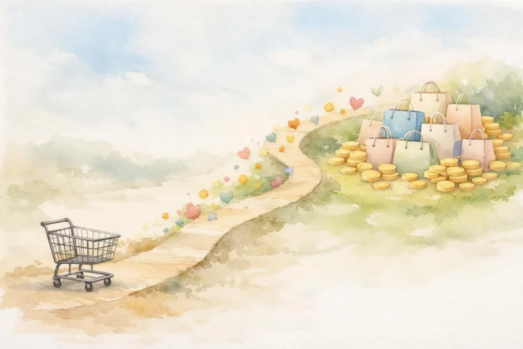 Améliorer le taux de conversion WooCommerce pour doubler vos ventes : illustration organique et douce de croissance e-commerc