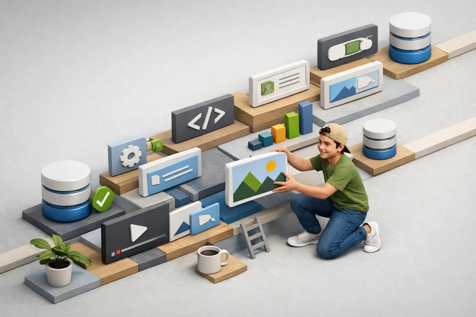 Illustration 3D isométrique: formation WordPress autonomie pour maîtriser son site web dès 2026.