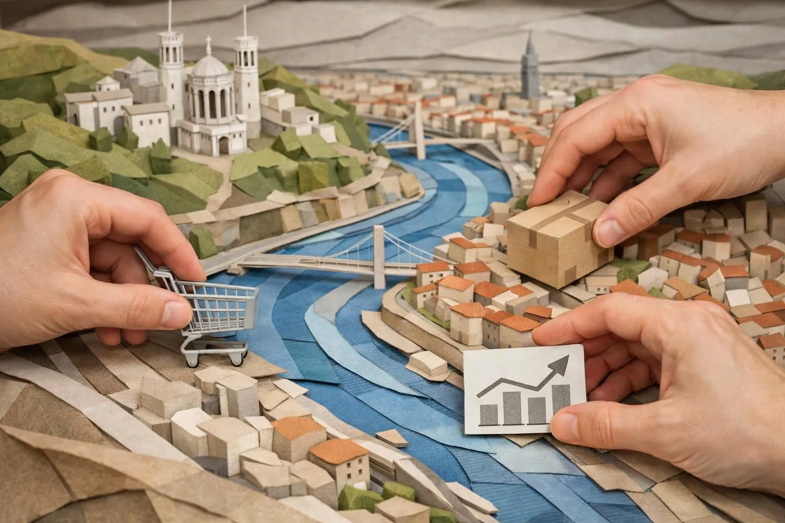 Illustration paper craft de mains assemblant un projet e-commerce. Représente les agences spécialisées WooCommerce Lyon.