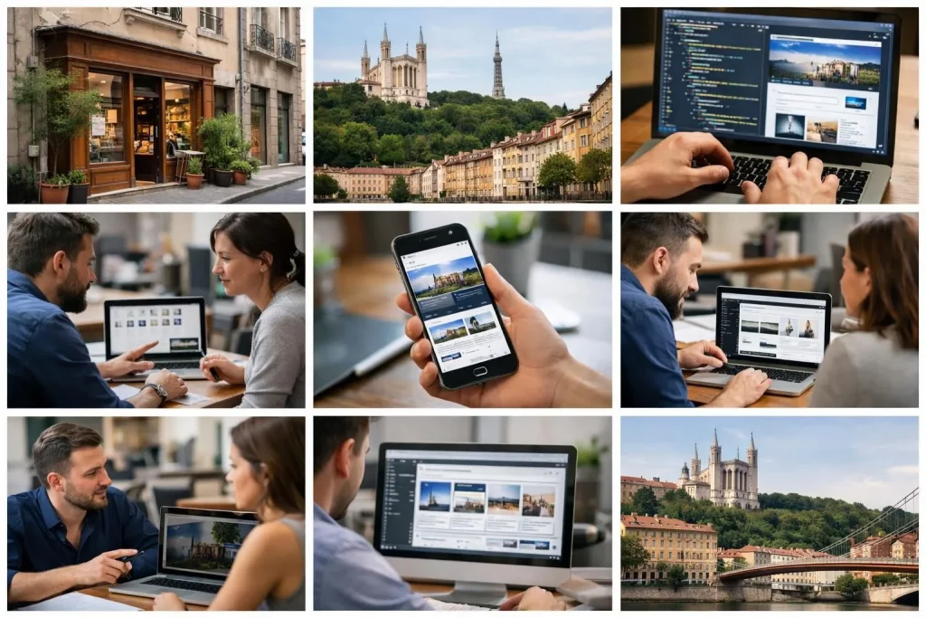 Collage photo illustrant les avantages d'une agence locale WordPress à Lyon: expertise, proximité, succès.