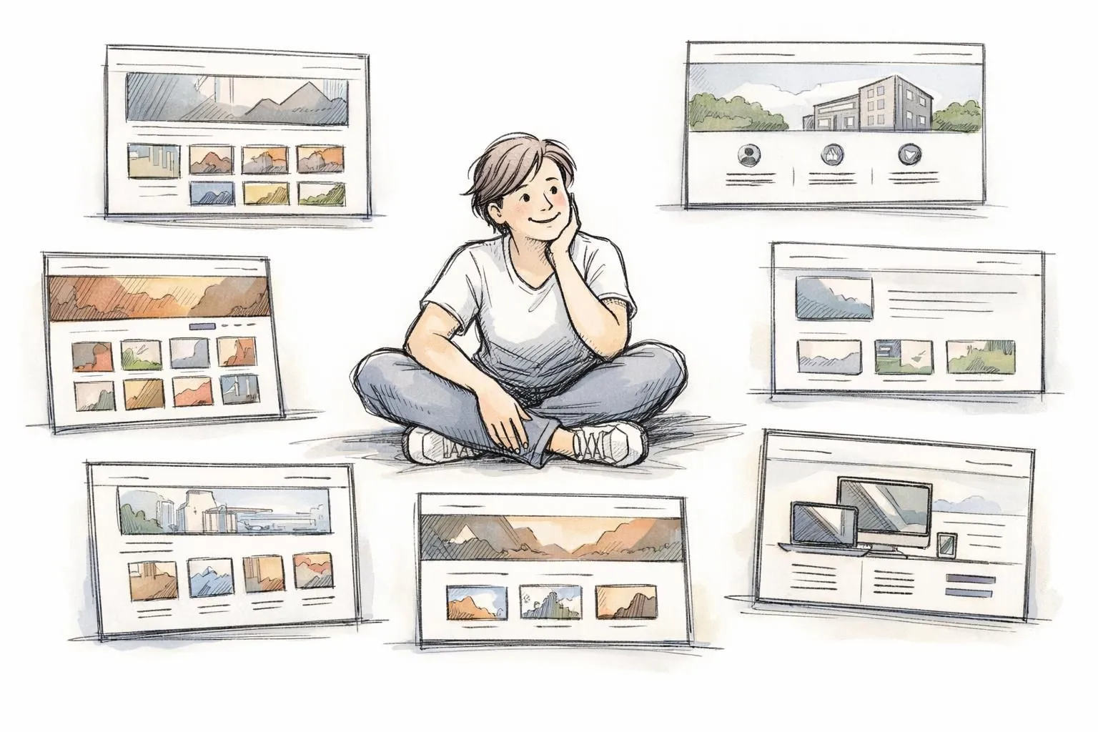 Une personne esquissée sélectionnant les meilleurs thèmes Elementor pour site pro, soulignant la variété et le choix.