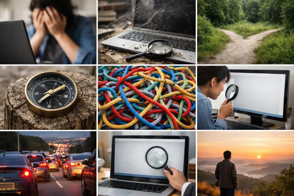 Collage photo: erreurs WordPress SEO. Personne frustrée, fils emmêlés, visibilité Google compromise. Évitez ces pièges !