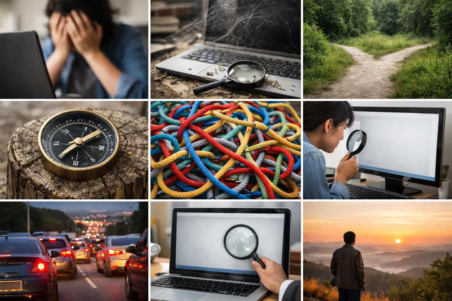 Collage photo: erreurs WordPress SEO. Personne frustrée, fils emmêlés, visibilité Google compromise. Évitez ces pièges !