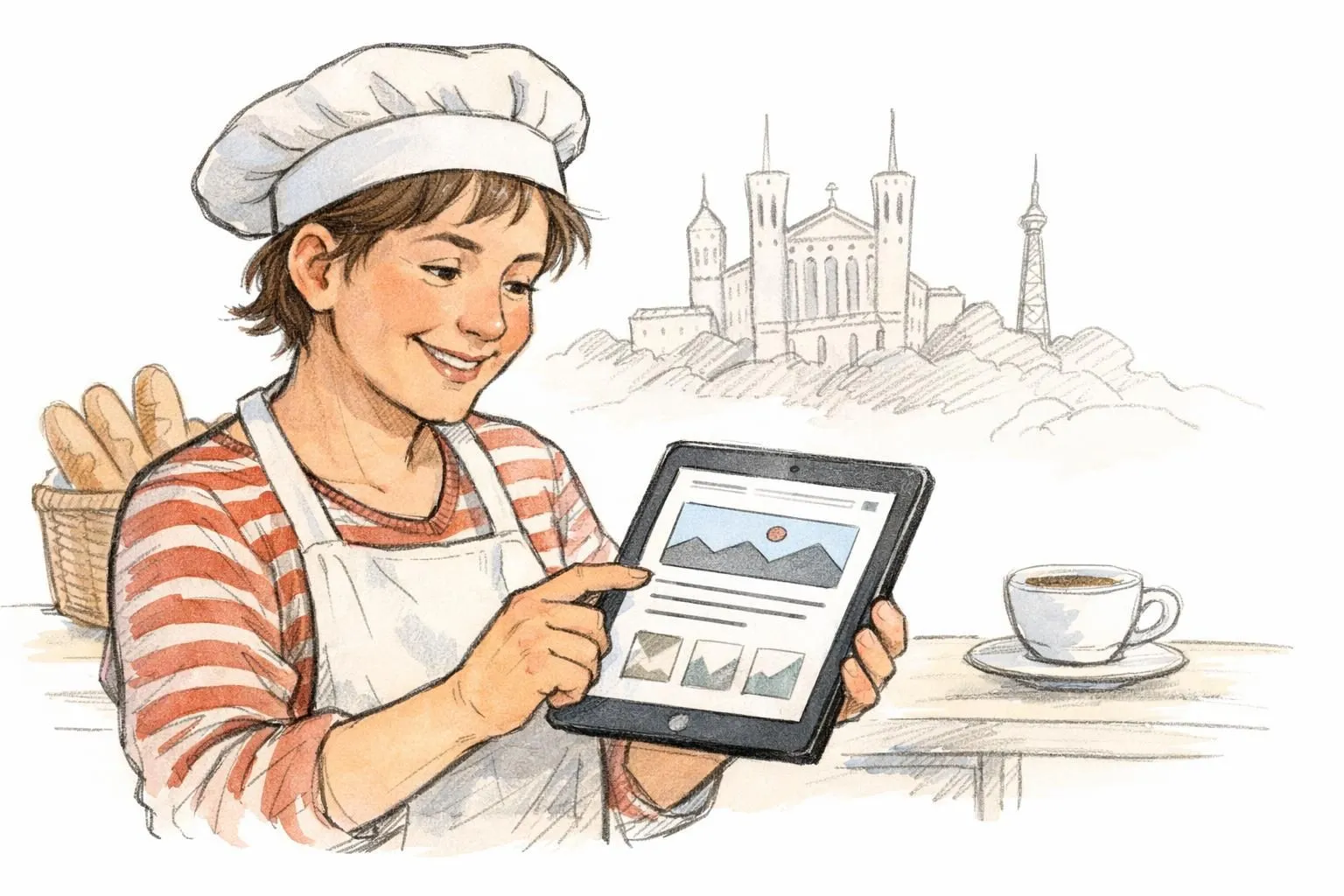 Croquis amical: commerçant lyonnais avec site WordPress personnalisé. Services d'agence WordPress Lyon pour entreprises local