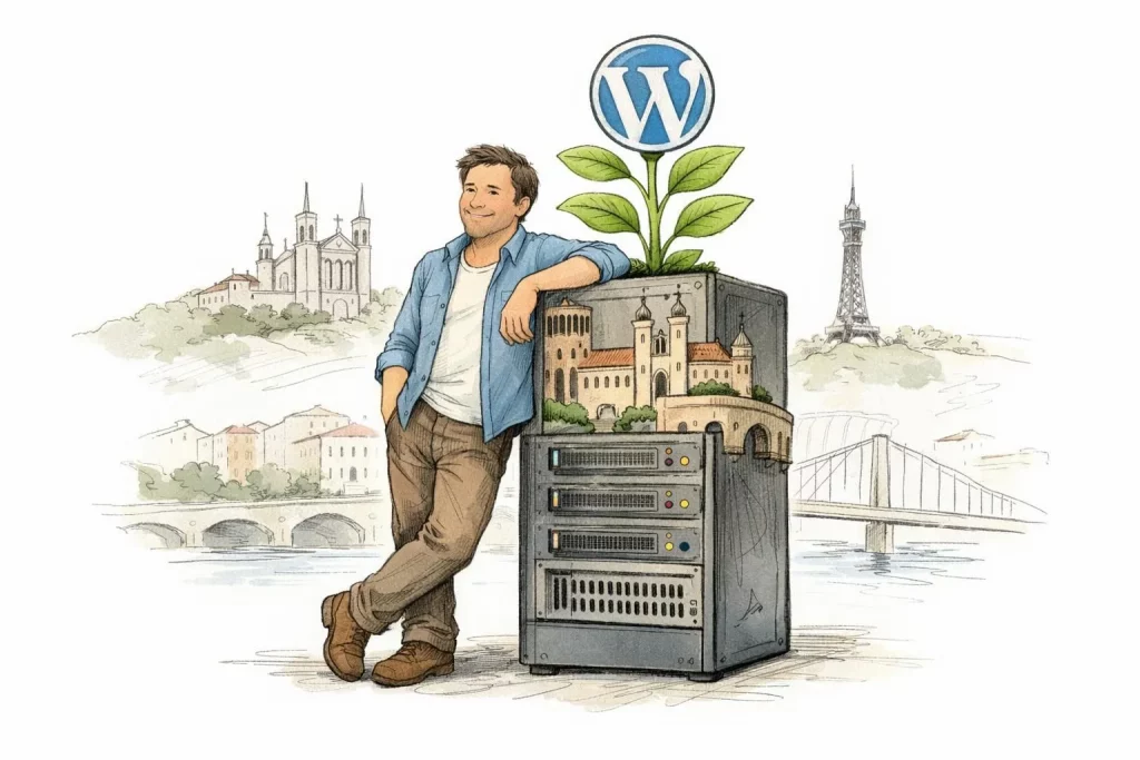 Hébergement WordPress infogéré Lyon: dessin amical d'un serveur robuste et d'un site WordPress performant et serein.