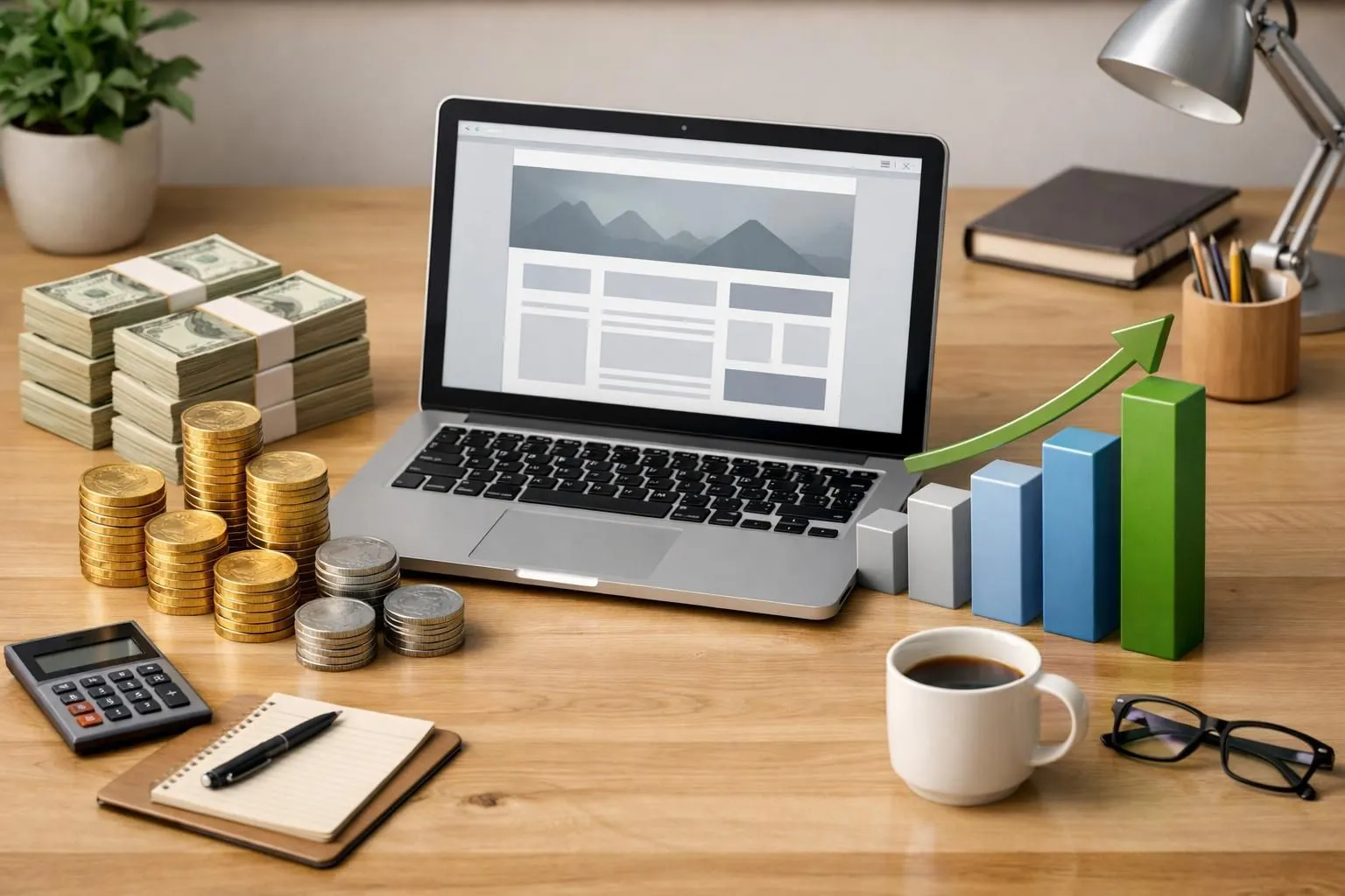 Rendu 3D isométrique. Un ordinateur portable, piles de monnaie et graphique. Illustration du budget création site internet pr