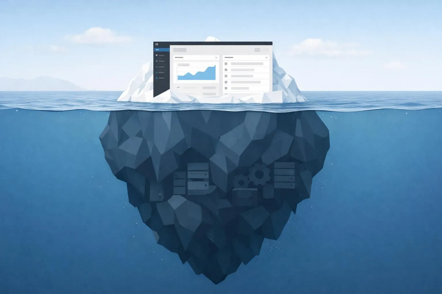 Illustration minimaliste des coûts cachés d'un site WordPress: une partie visible émergée et une plus grande sous l'eau.