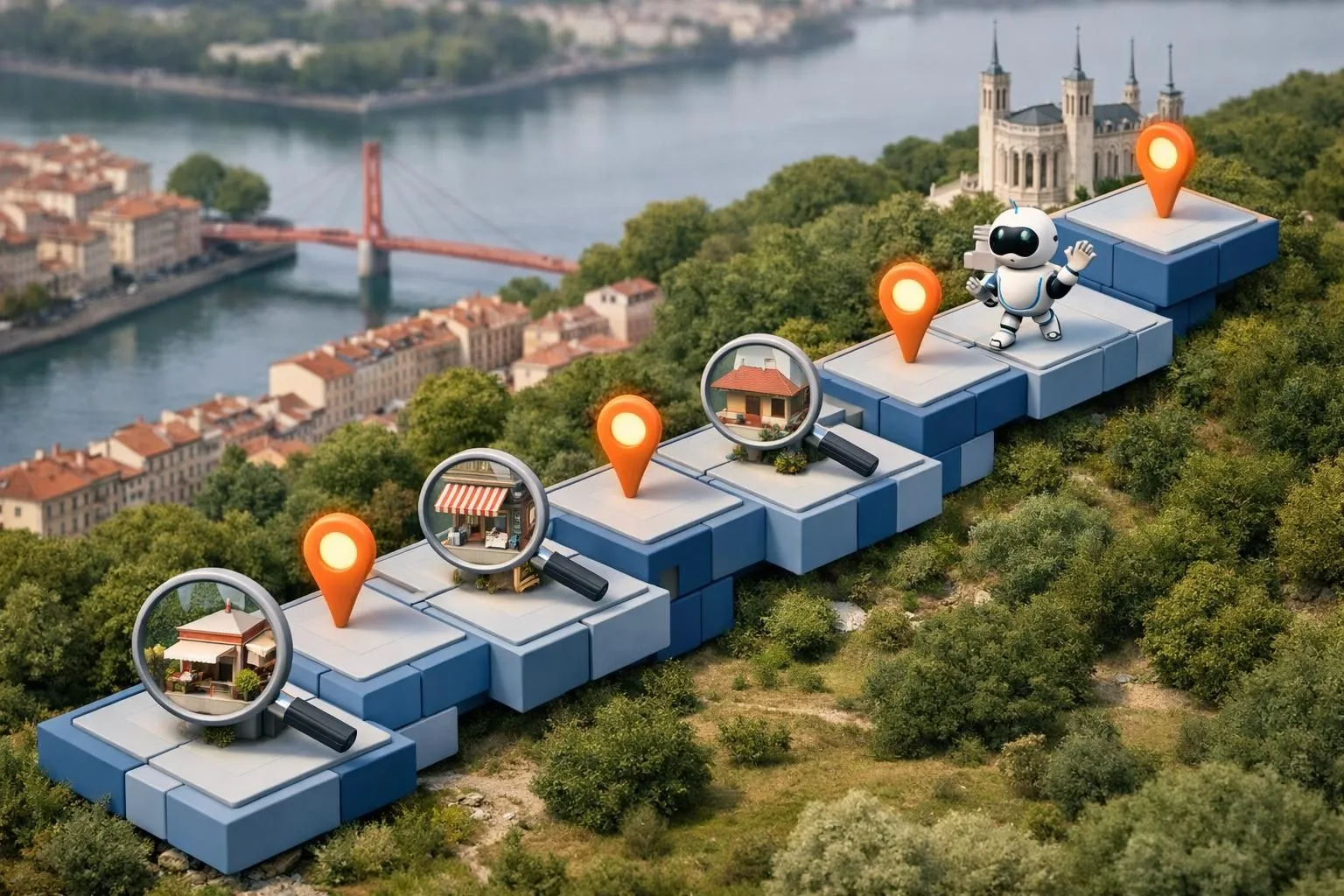 Illustration isométrique: un robot parcourt 5 étapes pour améliorer le référencement local WordPress à Lyon avec carte et rep