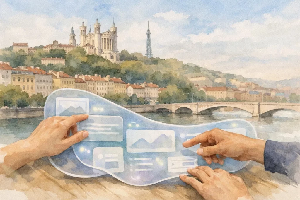 Création site web Lyon 2026: illustration aquarelle de mains collaborant sur un site, avec la skyline de Lyon en arrière-plan