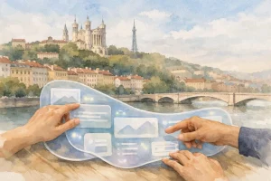 Création site web Lyon 2026: illustration aquarelle de mains collaborant sur un site, avec la skyline de Lyon en arrière-plan