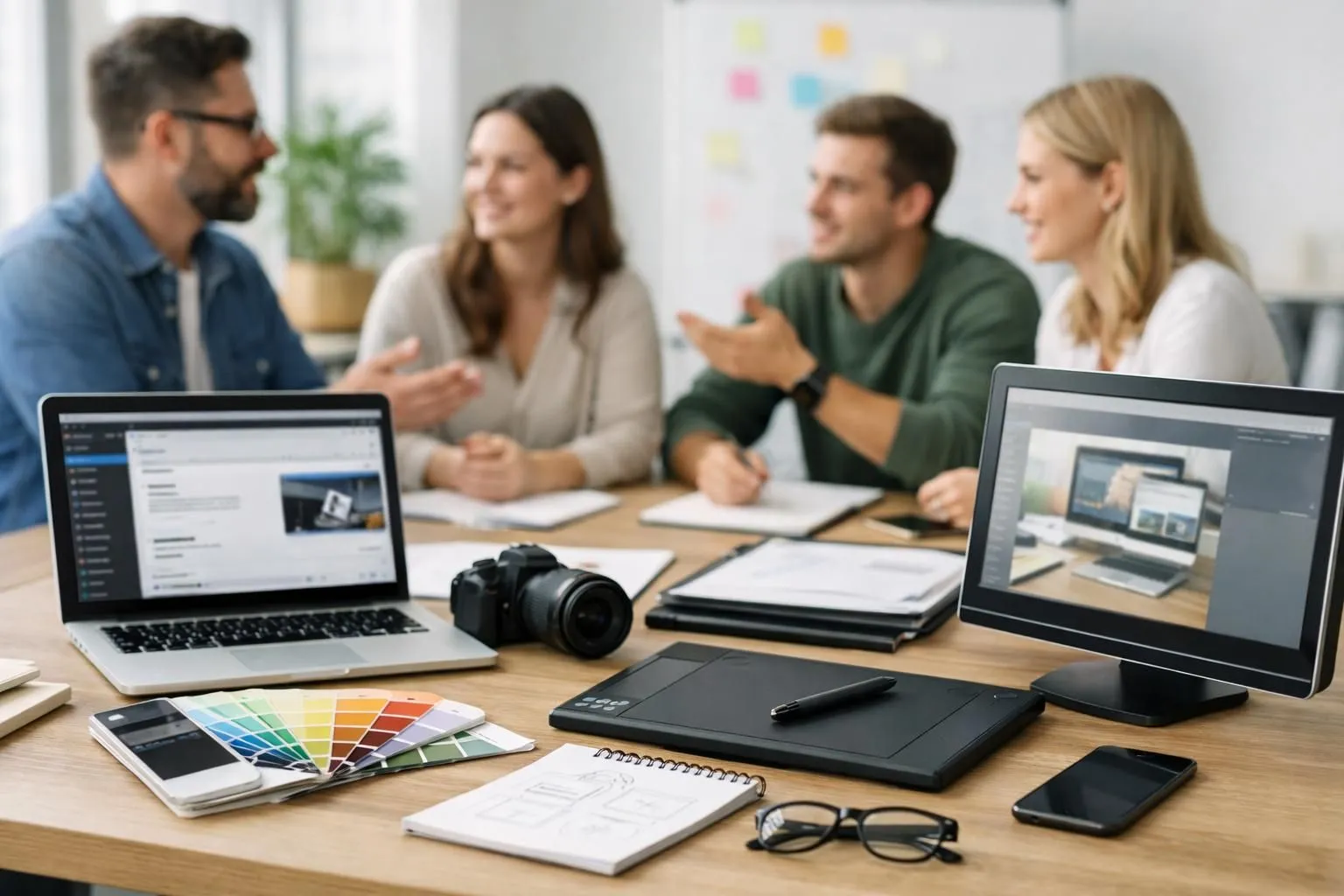 Modern web agency team collaborating around dual monitors displaying WordPress dashboard and design mockups, diverse professionals discussing project in bright office workspace with sticky notes on glass board, realistic photography style showing expertise and teamwork in digital services