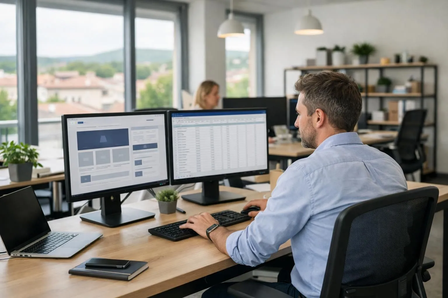A professional web designer working on multiple computer screens showing website layouts and pricing spreadsheets in a modern office in Villefranche-sur-Saône, Beaujolais region, with natural lighting and collaborative workspace atmosphere representing web agency pricing transparency