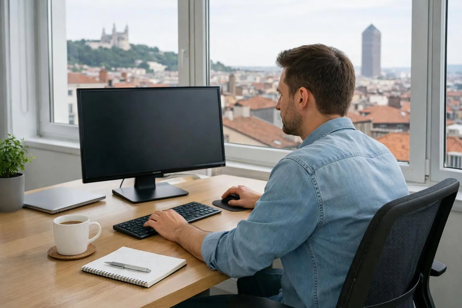 Professional SEO consultant analyzing WordPress website performance on laptop screen, modern Lyon office with large windows overlooking city rooftops, natural daylight, desk with coffee mug and notepad, realistic business setting