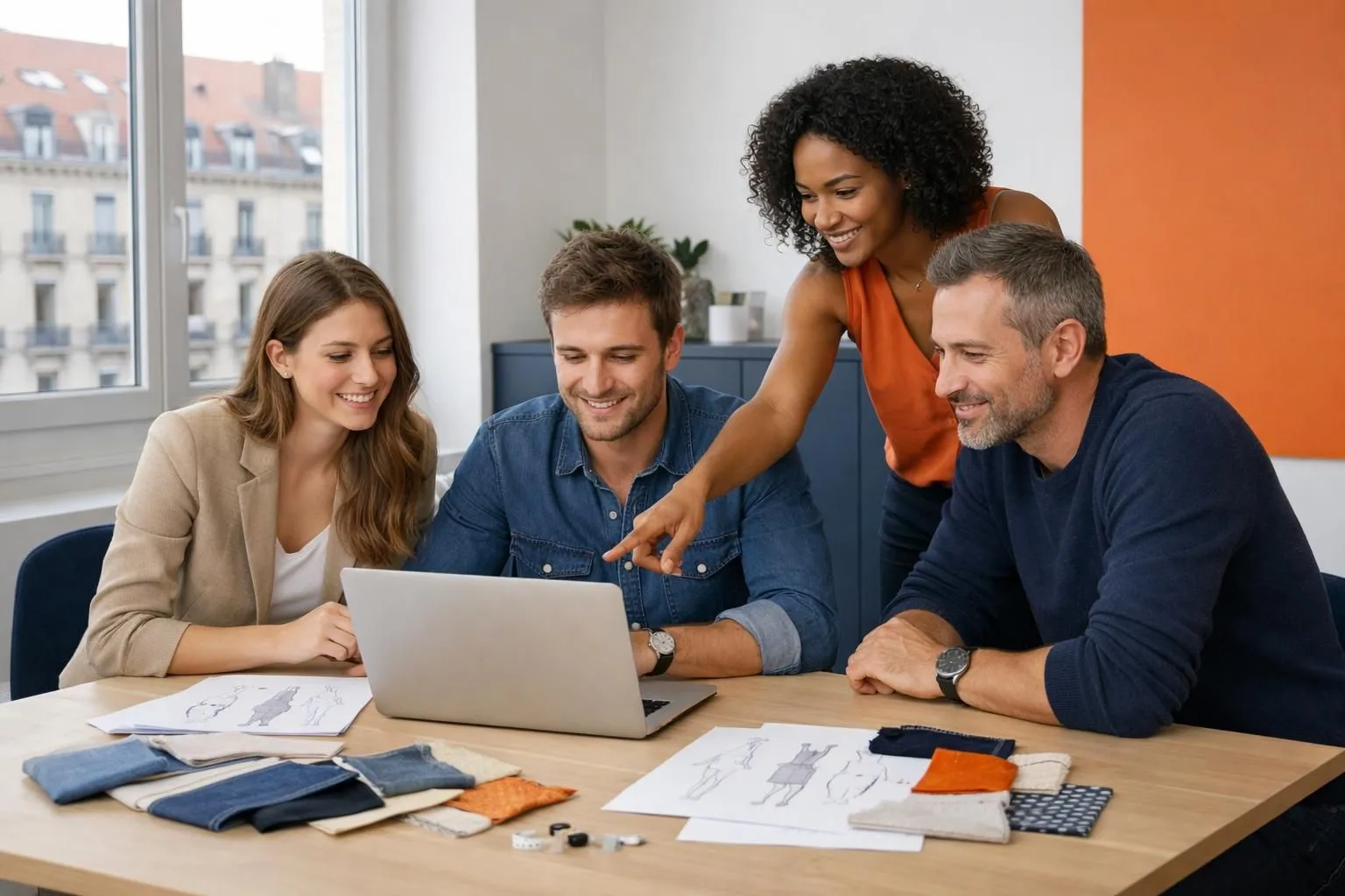 Fashion e-commerce team collaborating around laptop displaying WordPress clothing site interface in bright Lyon agency office with fabric swatches and design sketches on table