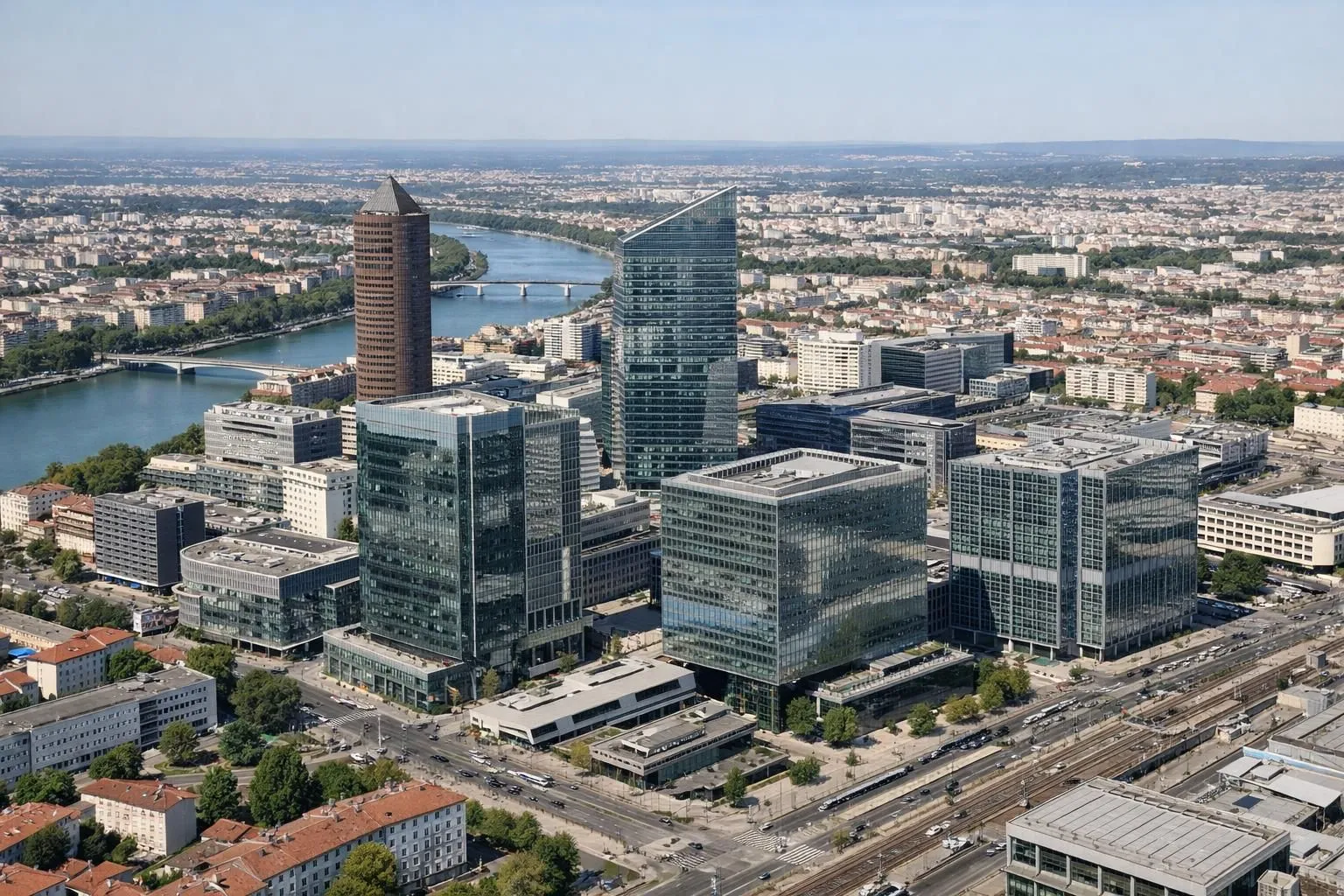 Aerial view of Lyon La Part-Dieu business district with modern glass buildings, showing digital network connections overlaying the cityscape, representing the city's thriving e-commerce and technology ecosystem, with visible Rhône river and urban infrastructure