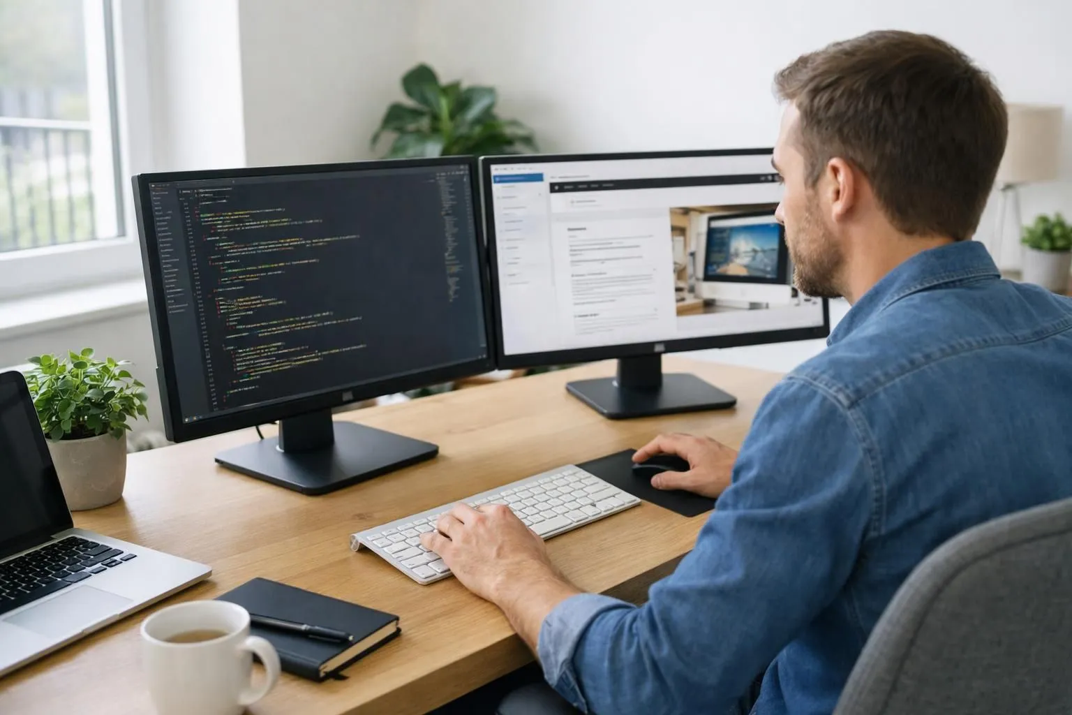 Professional web developer working on custom WordPress code on dual monitors in modern Lyon office, showing dashboard customization and plugin development with French keyboard
