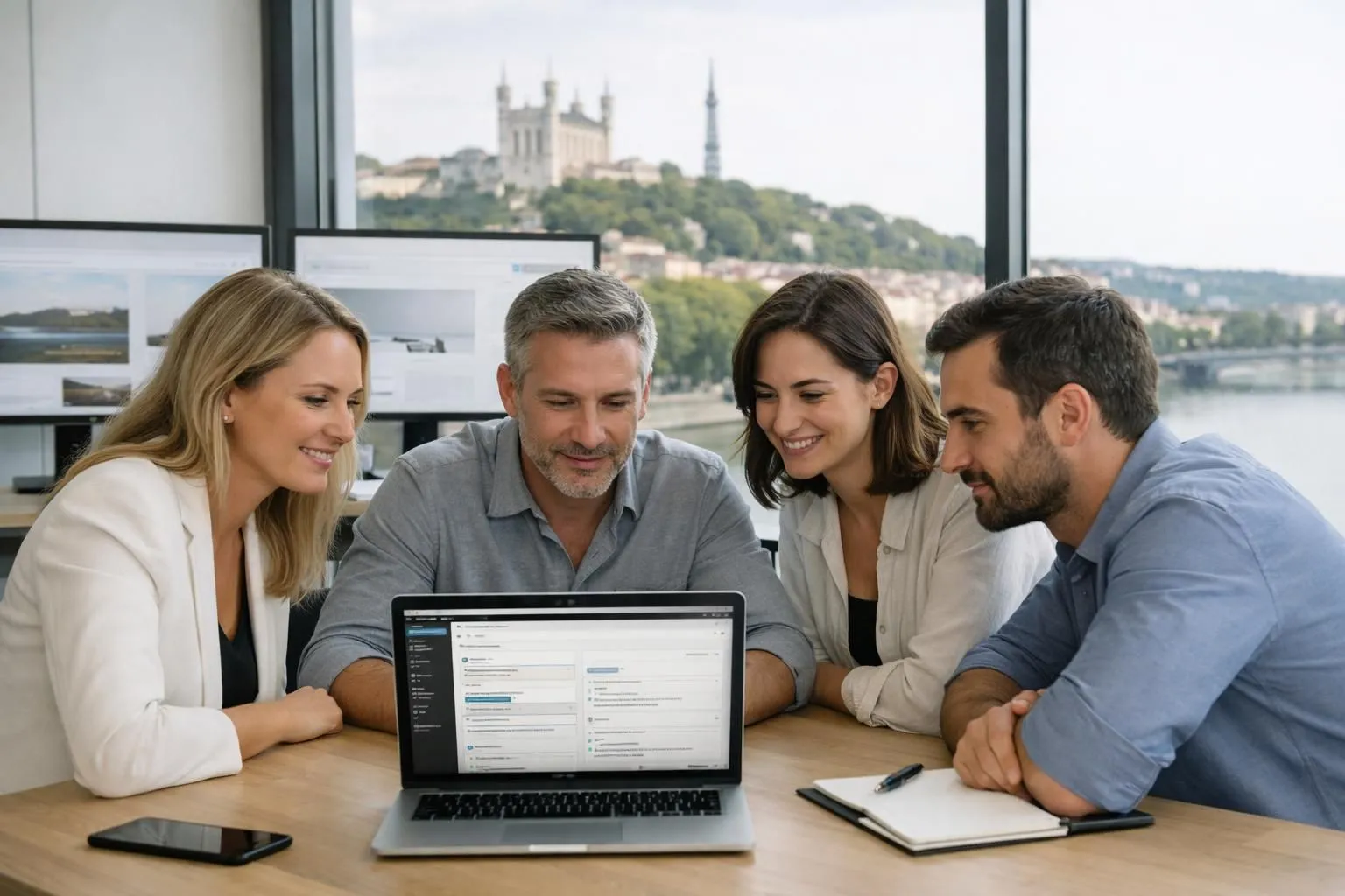Modern Lyon business professionals collaborating around laptop showing WordPress dashboard, Rhône river and Fourvière basilica visible through office windows, natural daylight, contemporary workspace with digital screens displaying website layouts