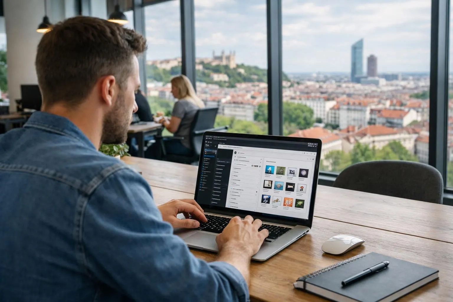 Web developer configuring WordPress dashboard on laptop in modern Lyon coworking space, screen showing theme customization panel and plugin library, bright natural lighting through large windows with cityscape view