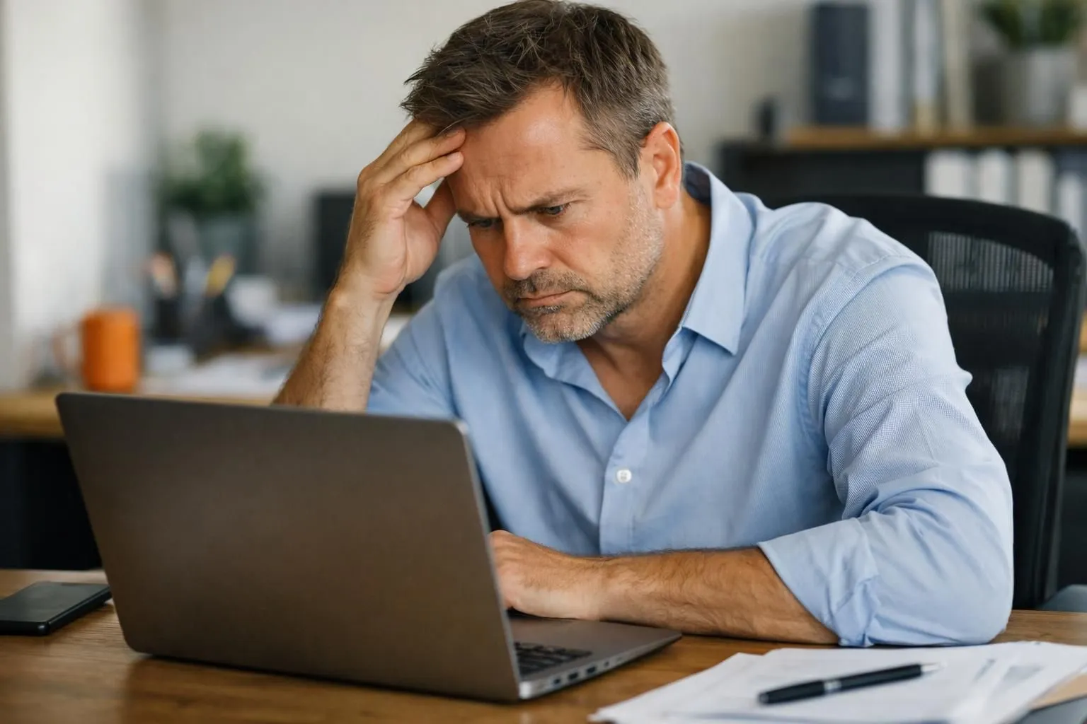 Business owner examining declining WooCommerce sales graphs on laptop screen with shopping cart abandonment statistics displayed, realistic office environment with frustrated expression analyzing e-commerce conversion metrics