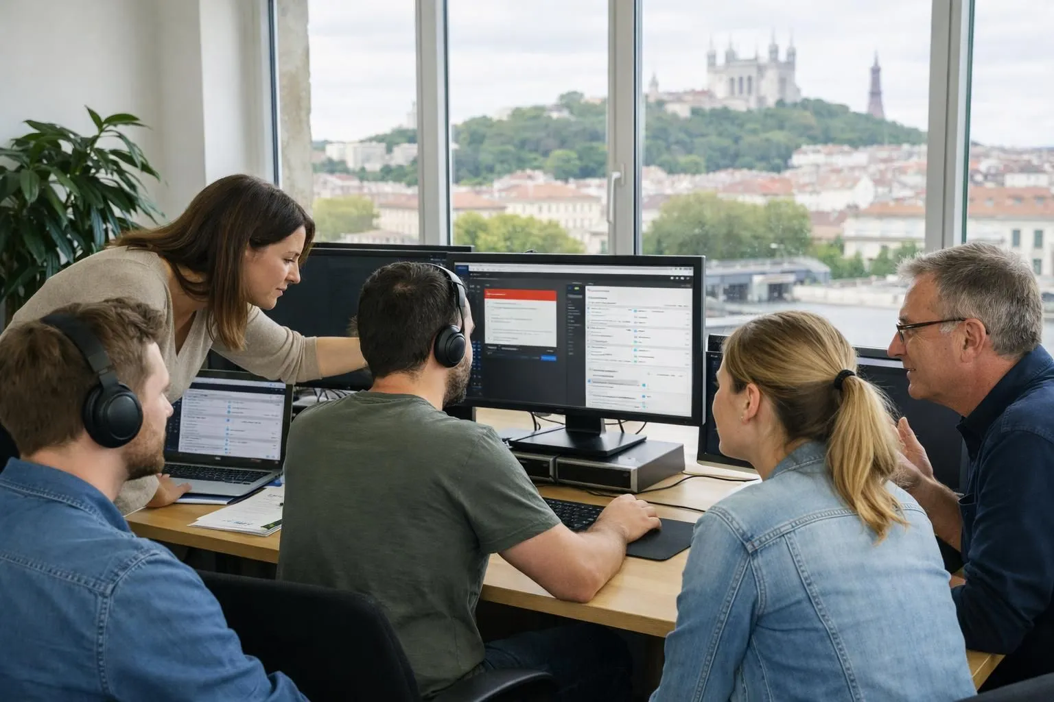 Professional IT support team monitoring WordPress websites on multiple screens in modern Lyon office, showing real-time analytics dashboards and security alerts, technical staff working collaboratively in bright workspace with computers displaying website backend interfaces