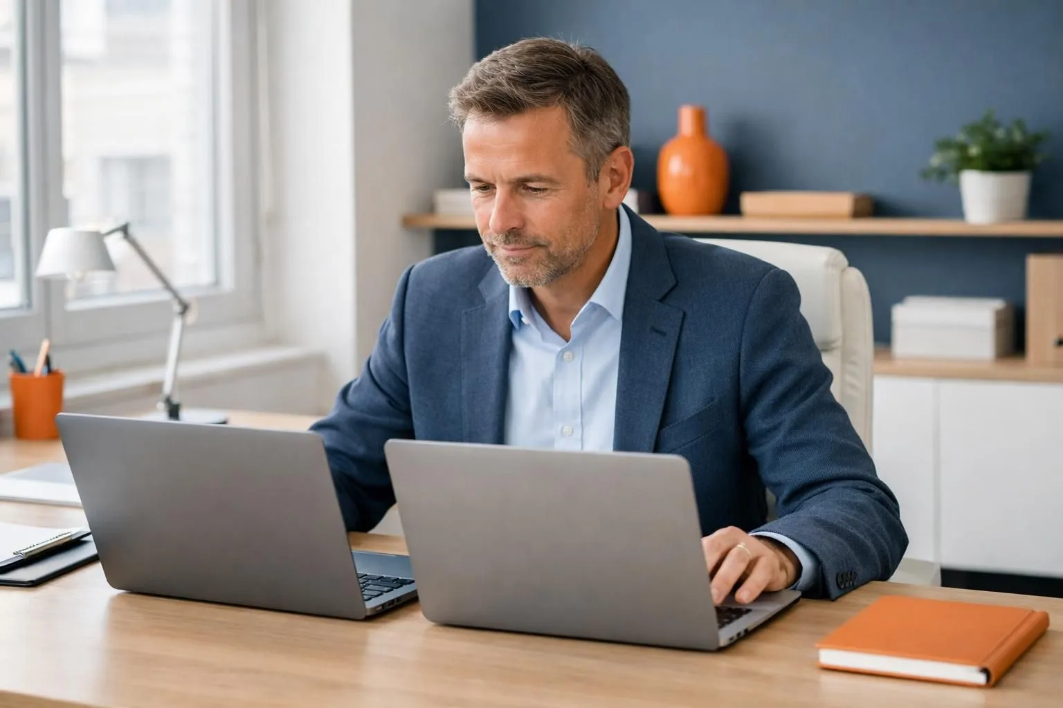 Business owner sitting at desk comparing two laptop screens side by side, one showing WordPress dashboard and another showing Shopify interface, modern French office environment with natural lighting, professional consulting atmosphere