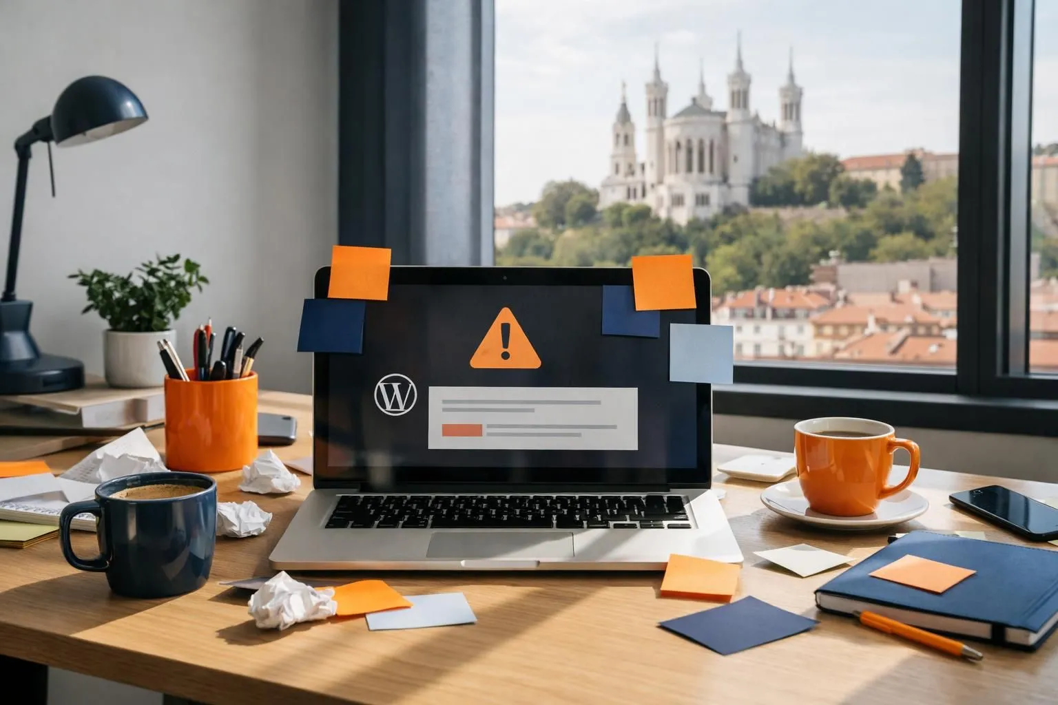 A frustrated business owner sitting at a cluttered desk with a laptop showing WordPress dashboard errors and maintenance warnings, surrounded by sticky notes and coffee cups in a modern Lyon office with visible Fourvière basilica through the window, natural lighting creating shadows, photorealistic style