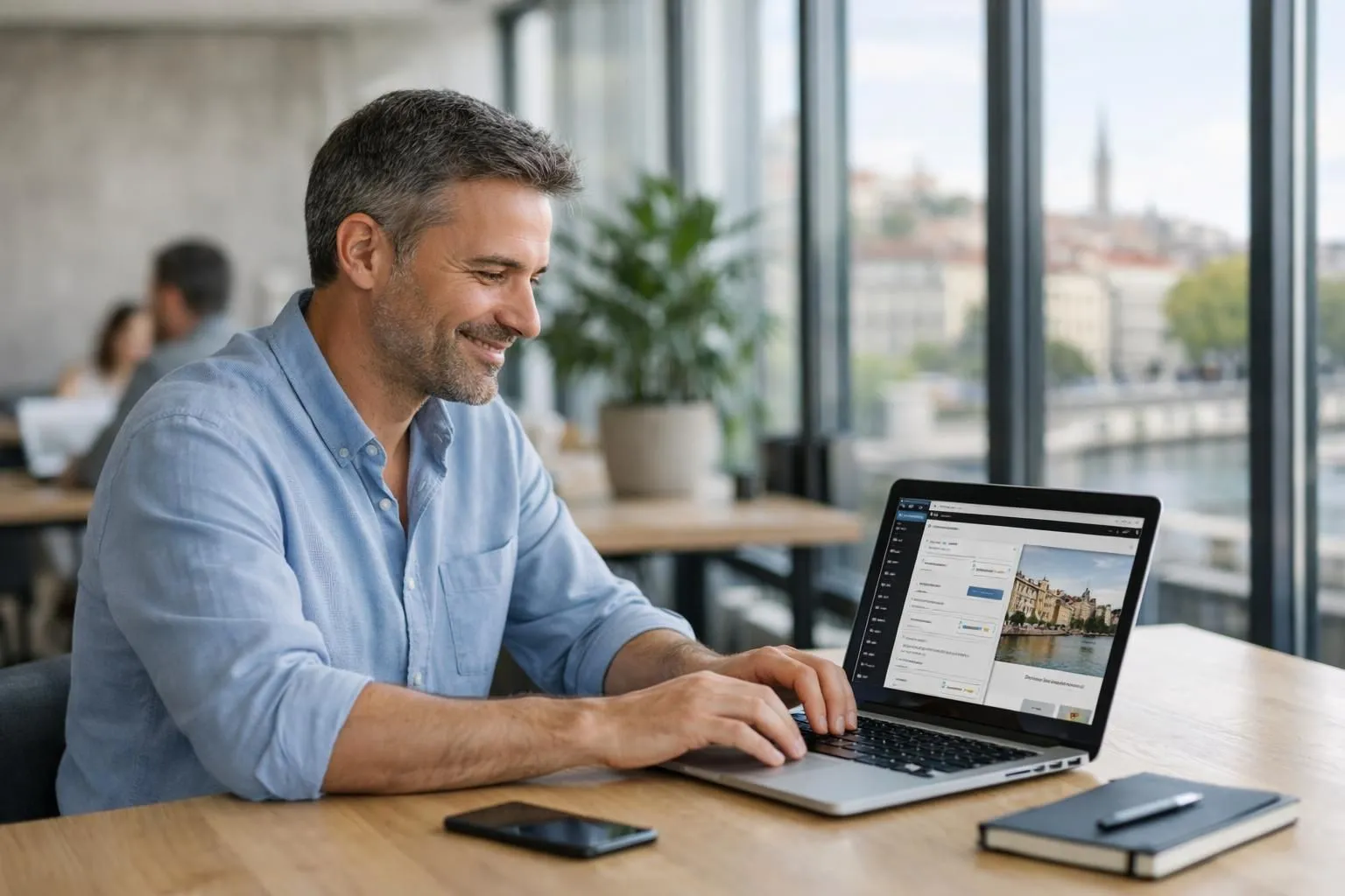 Small business owner working confidently on laptop in bright Lyon coworking space, viewing clean WordPress dashboard on screen with website preview visible, natural daylight streaming through large windows, modern professional atmosphere