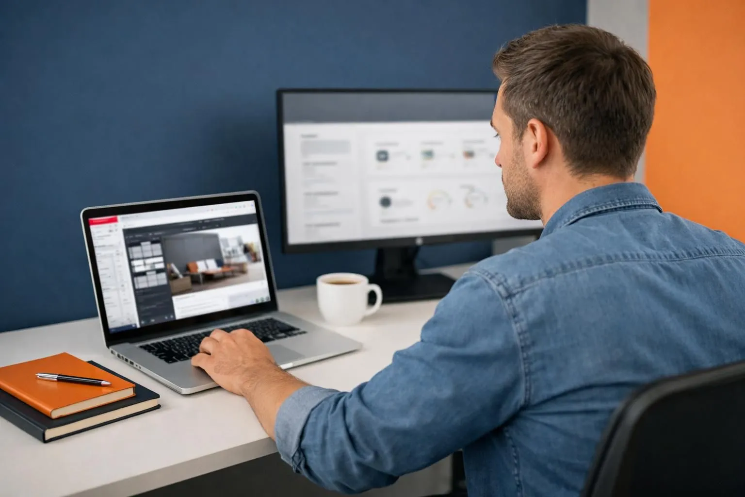 Professional web developer comparing WordPress theme performance metrics on dual monitors, modern workspace with laptop displaying Elementor interface and website speed analytics dashboard, clean office setup with notebooks and coffee