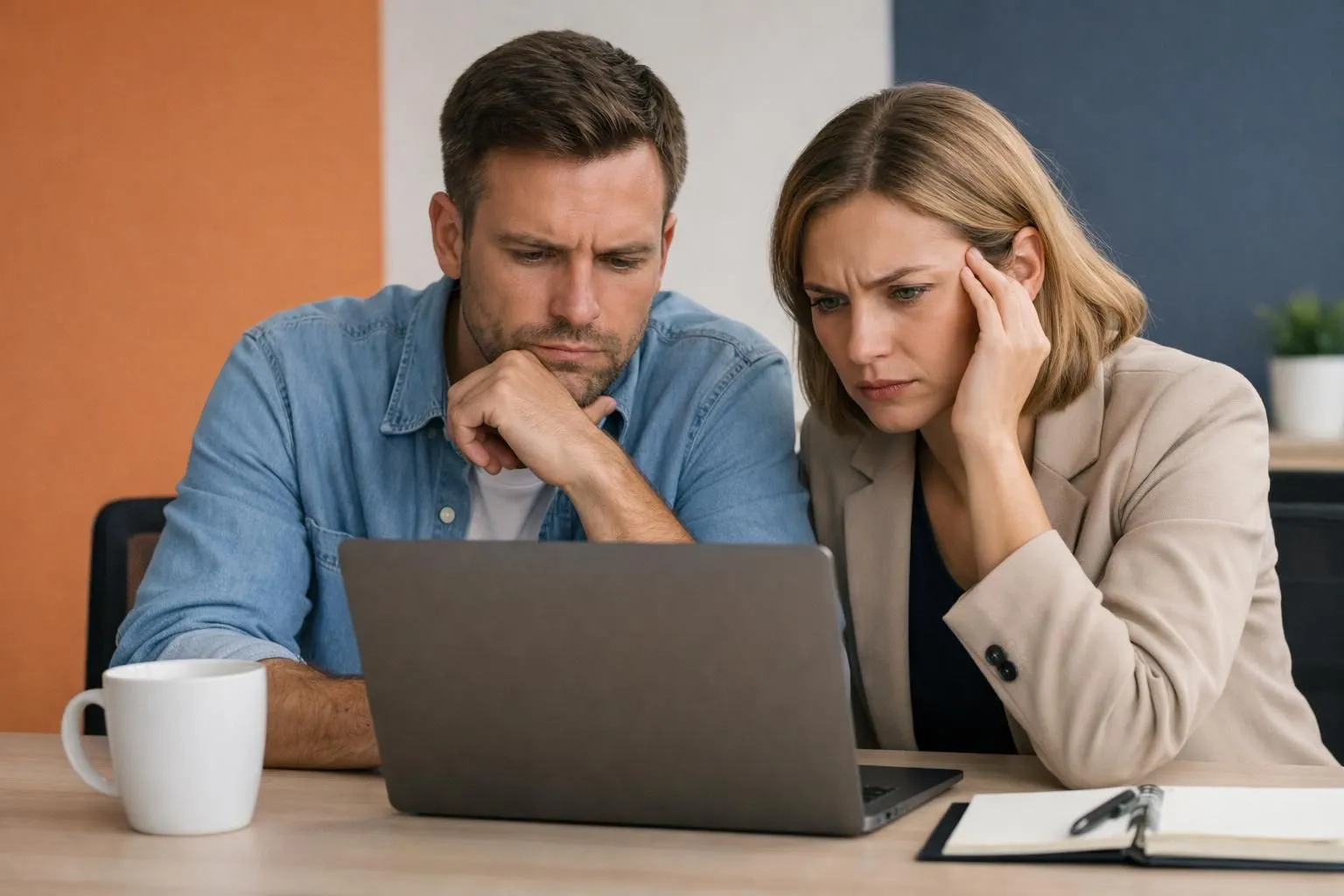 Business owner examining declining website traffic graphs on laptop screen showing dramatic drop in visitor numbers, modern office desk with coffee cup and notepad, worried expression, professional lighting