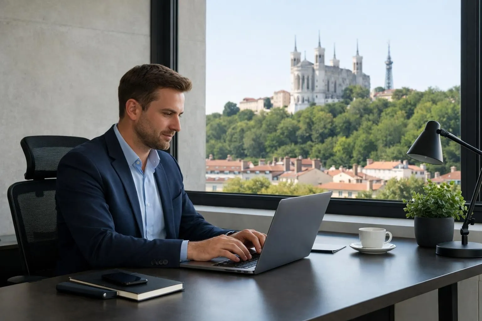 Lyon business professional reviewing WordPress dashboard on laptop in modern office space with Fourvière basilica visible through window, natural lighting, professional workspace setup