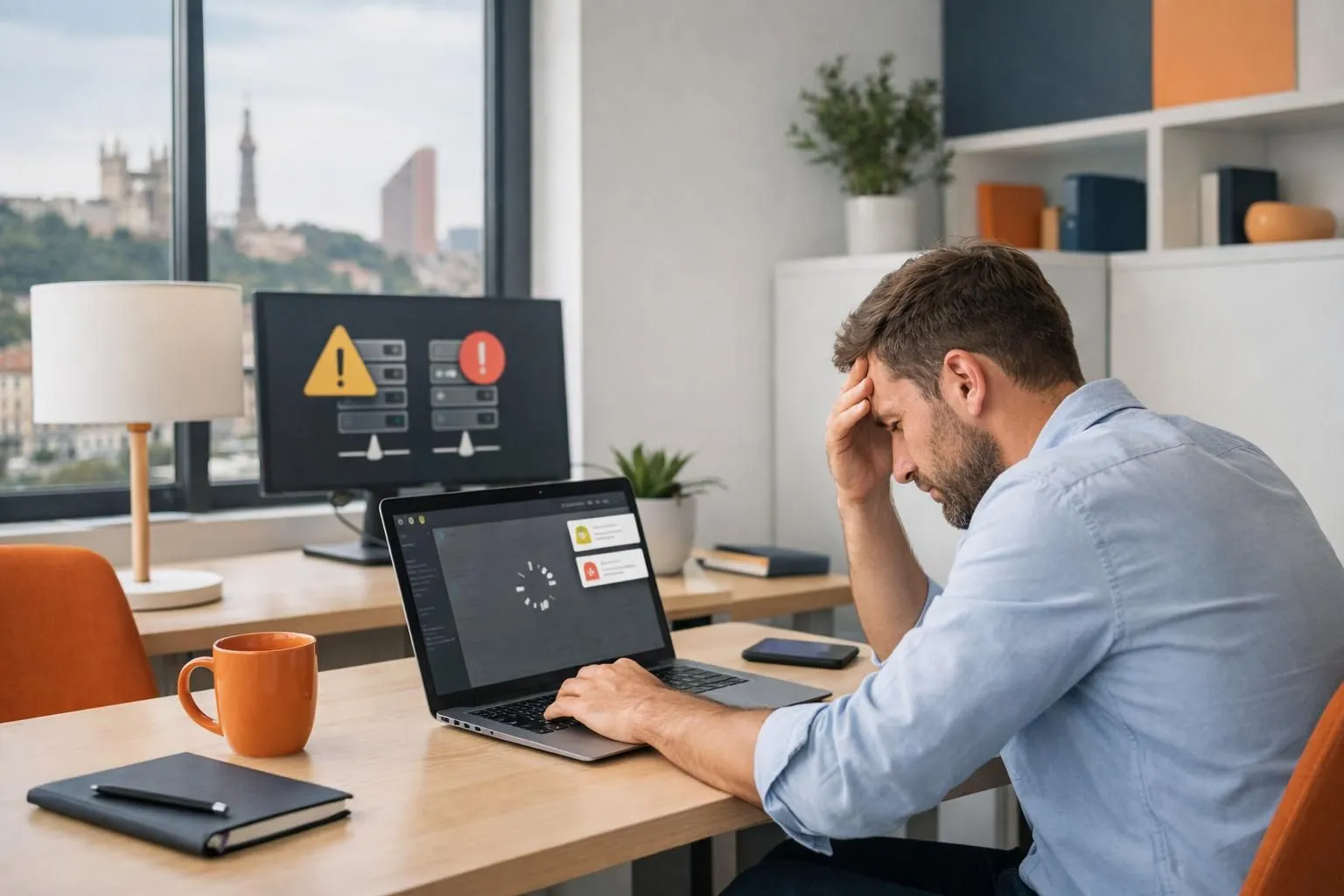 Modern office workspace showing frustrated business person looking at slow-loading WordPress dashboard on laptop screen, with server maintenance notifications visible, symbolizing technical hosting challenges faced by French businesses in Lyon needing managed WordPress hosting solutions
