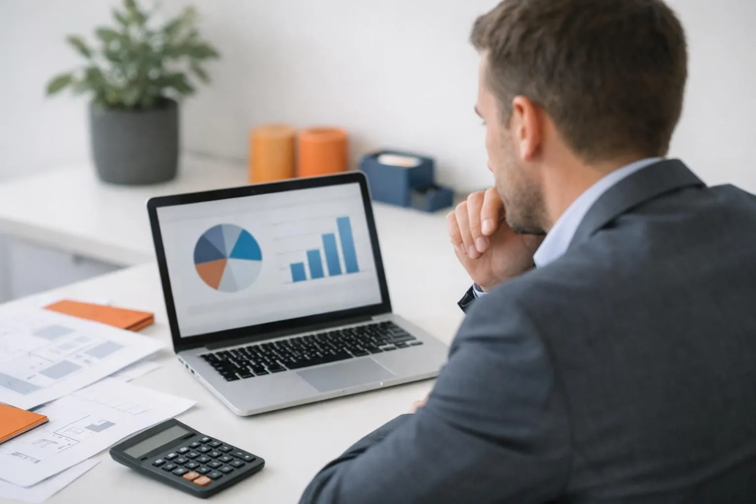 Business professional analyzing website project budget breakdown on laptop screen with spreadsheet showing cost components, calculator and planning documents on modern desk in bright office
