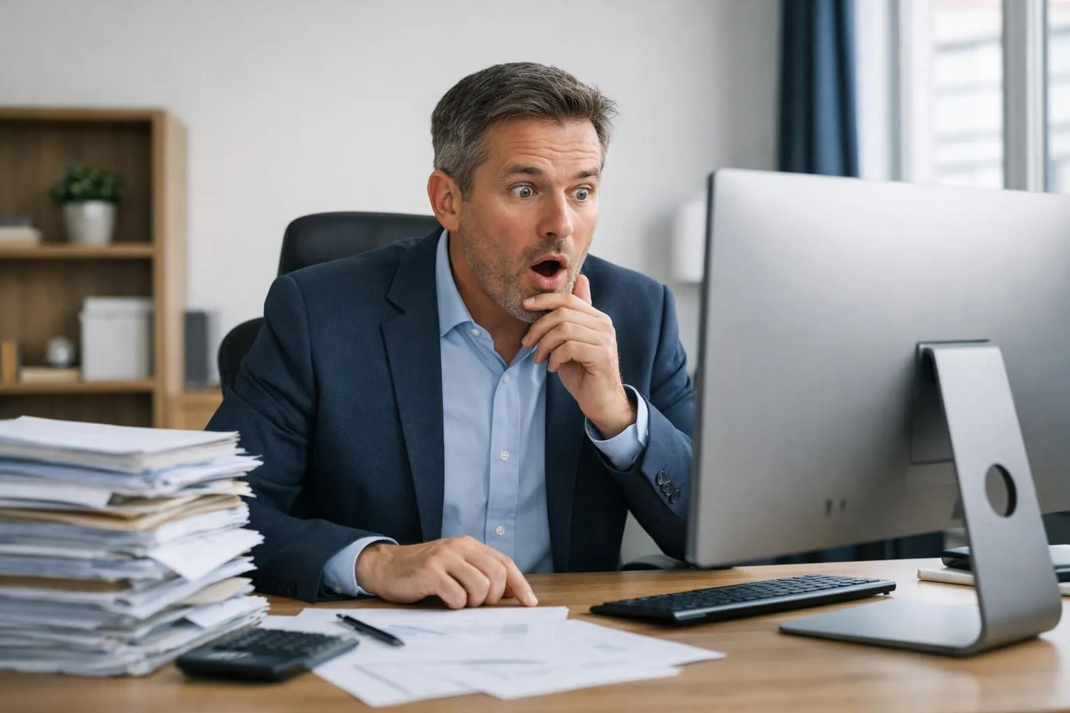 Split-screen comparison showing small initial WordPress website cost on left versus large pile of accumulated costs on right, professional office environment with business owner reviewing expense documents, realistic modern workspace with computer and financial charts