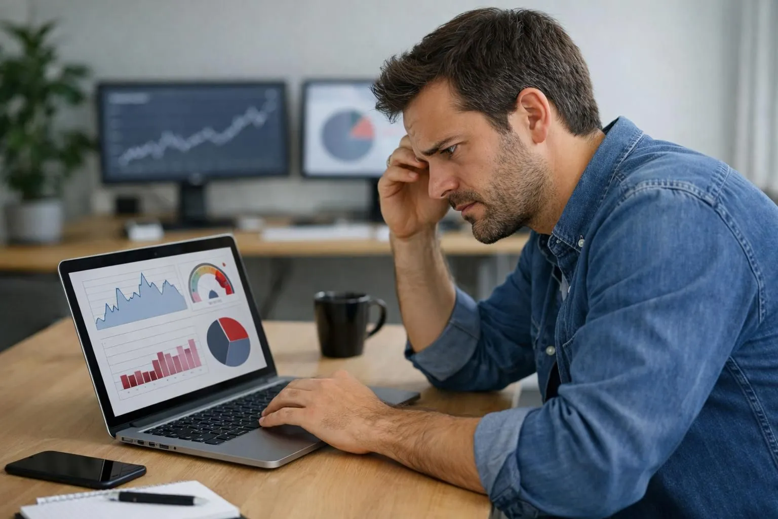Professional web developer analyzing website performance metrics on laptop screen, worried expression, modern office setting with charts visible showing slow loading times and performance scores