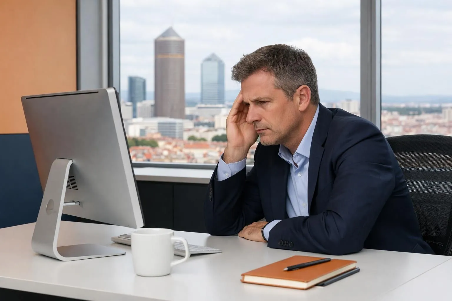 Lyon business owner in modern office looking concerned at laptop screen displaying website analytics with low traffic numbers, Lyon Part-Dieu skyline visible through large window in background, professional workspace with coffee cup and notepad