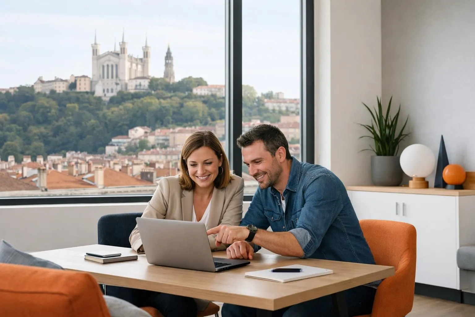 Lyon business district skyline with Fourvière basilica, modern entrepreneurs collaborating on laptop displaying website wireframes in contemporary office space, natural daylight streaming through large windows, professional atmosphere with Lyon cityscape visible in background