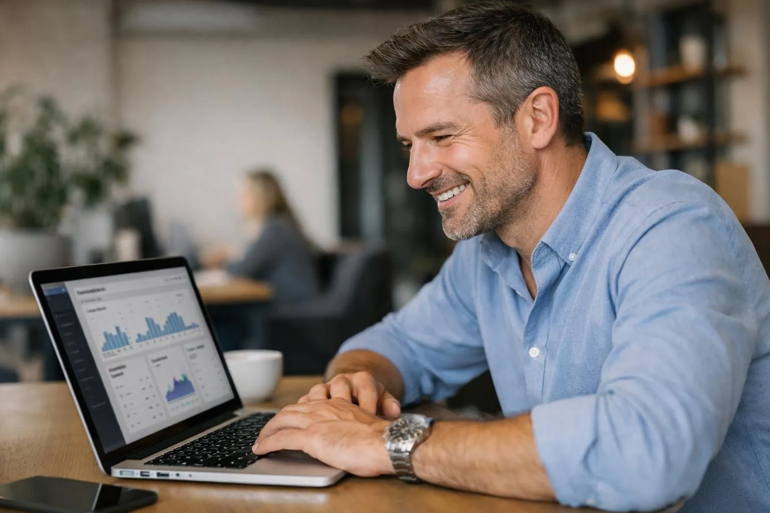 Lyon business owner in casual professional attire reviewing WooCommerce dashboard on laptop screen in modern co-working space, satisfied smile while checking e-commerce metrics, natural office lighting, Lyon cityscape visible through window
