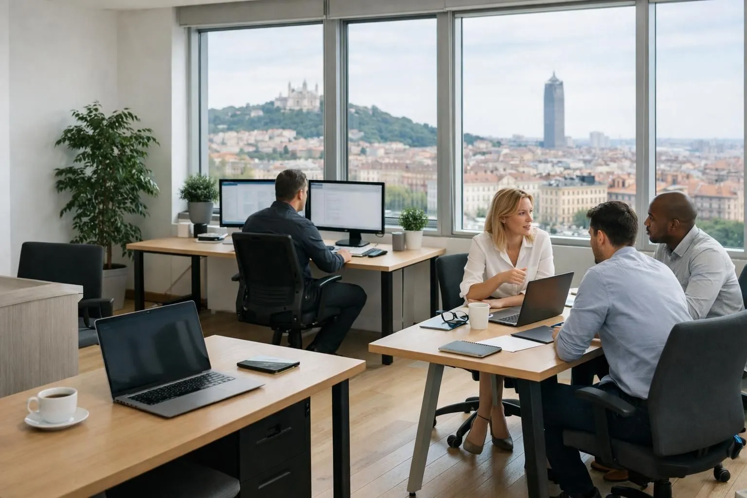 Four modern workspace setups showing different levels of SEO consultation services, from single laptop audit station to full team collaboration environment, professional Lyon office setting with WordPress dashboards visible on screens, natural lighting, business consulting atmosphere
