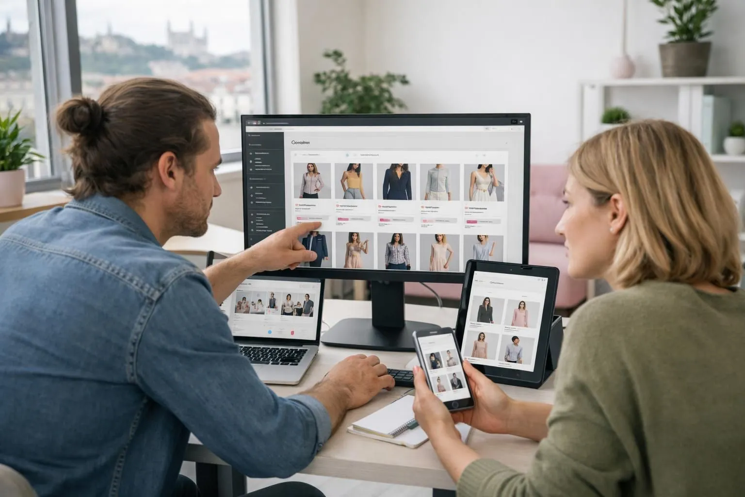 Professional team working on fashion e-commerce website development, showing WooCommerce dashboard on large monitors with clothing product catalog and responsive mobile preview screens in modern Lyon office