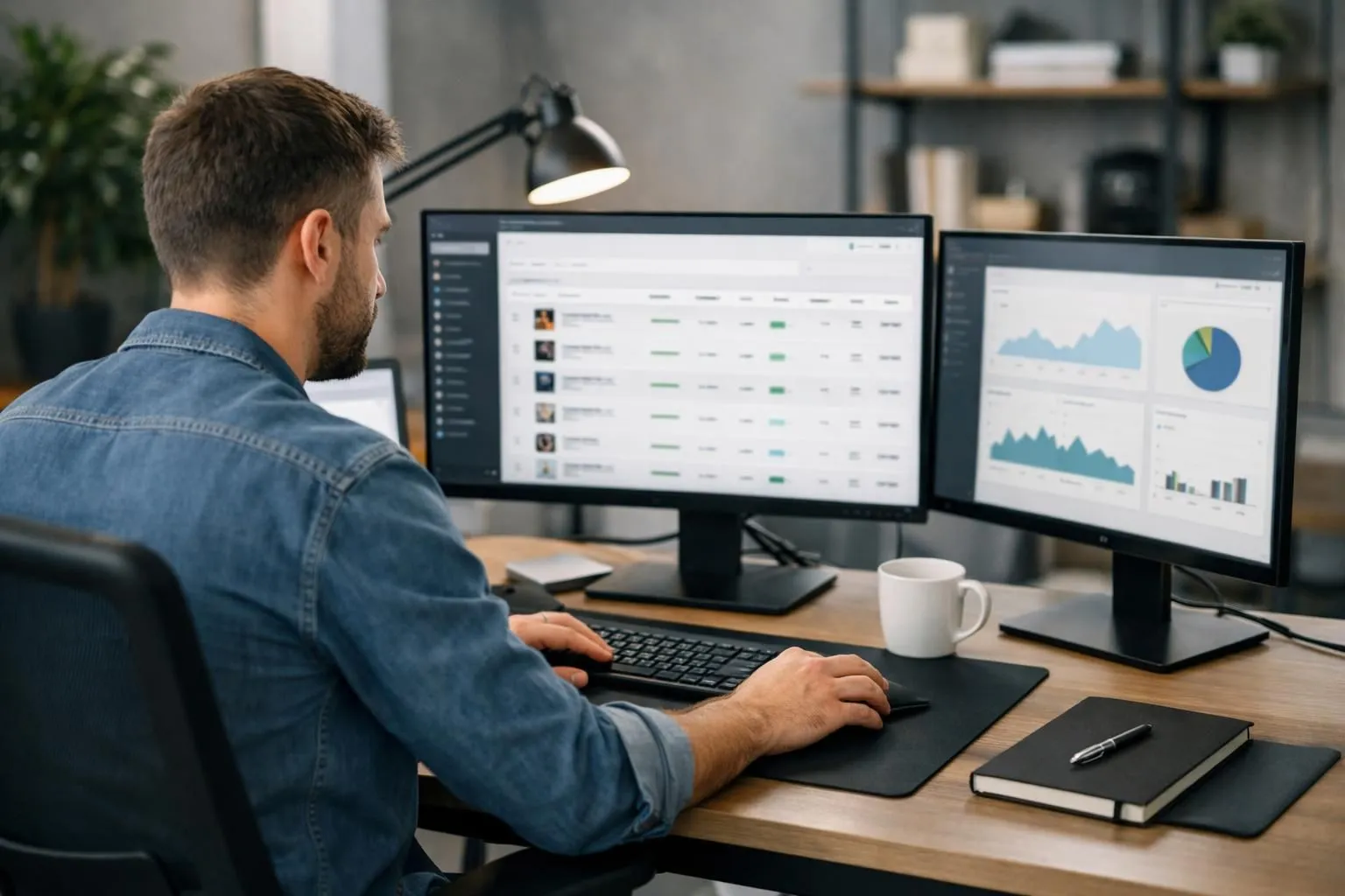Modern office setting with web developer working on multiple screens showing WordPress WooCommerce dashboard, product catalog interface, and analytics graphs, professional lighting, clean workspace with laptop and external monitors displaying e-commerce backend