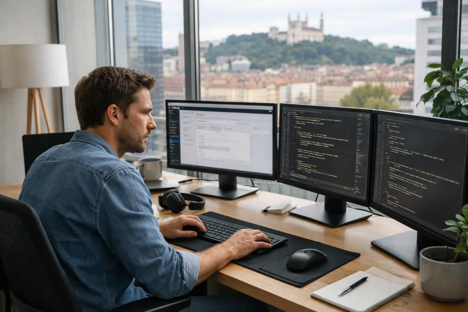 Developer workspace with dual monitors showing WordPress code editor and custom plugin development interface, Lyon office environment with modern tech setup, natural lighting, professional coding session
