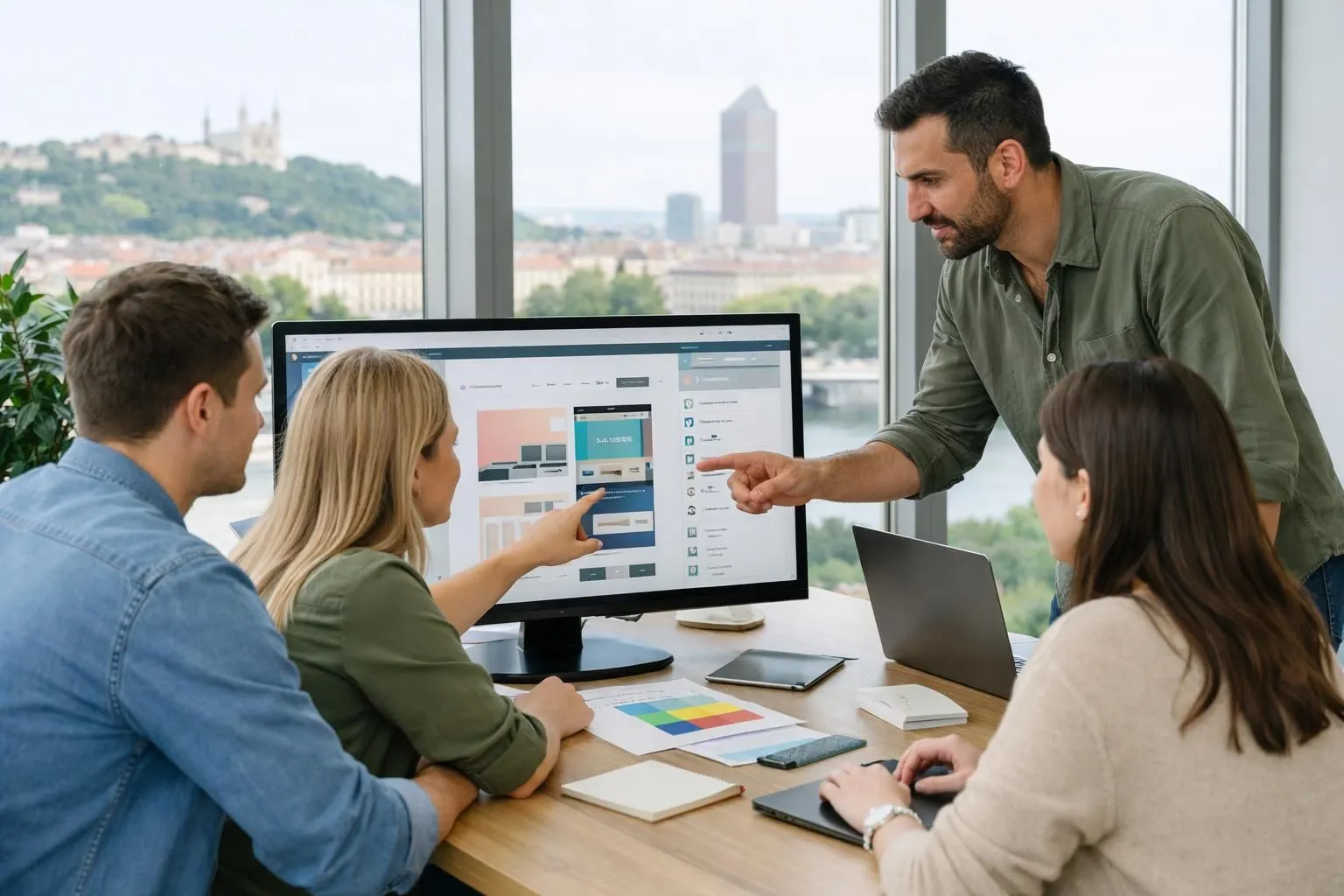 Digital agency team collaborating on WordPress website wireframes and theme customization on large screen monitor in modern Lyon office with natural lighting