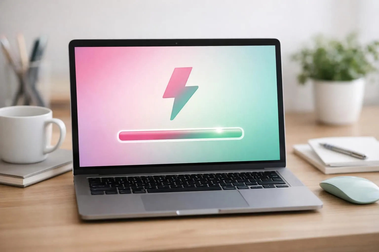 Modern laptop displaying website speed performance metrics with lightning bolt symbol and fast-loading progress bar, professional office desk setting with clean minimal aesthetic showing optimization dashboard